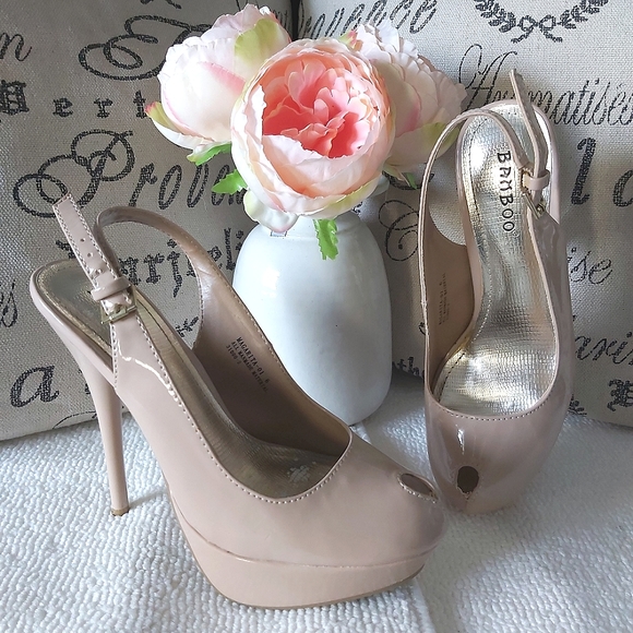 Bamboo platform stiletto heels nude   glossy pumps peep toe slingback - Picture 1 of 16